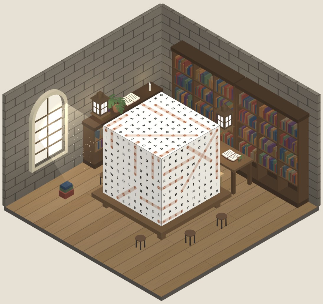 The library: a lettered cube on a timber platform, bookshelves and a
              window along two brick walls.